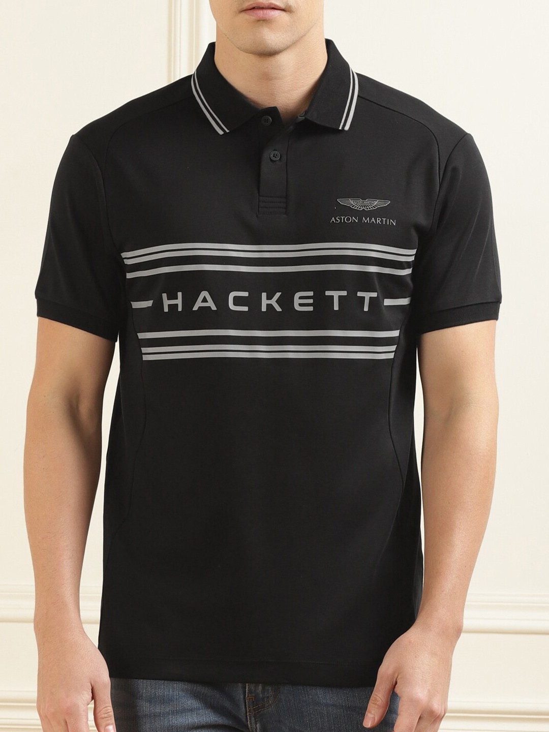 

HACKETT LONDON Typography Printed Polo Collar Cotton T-shirt, Black