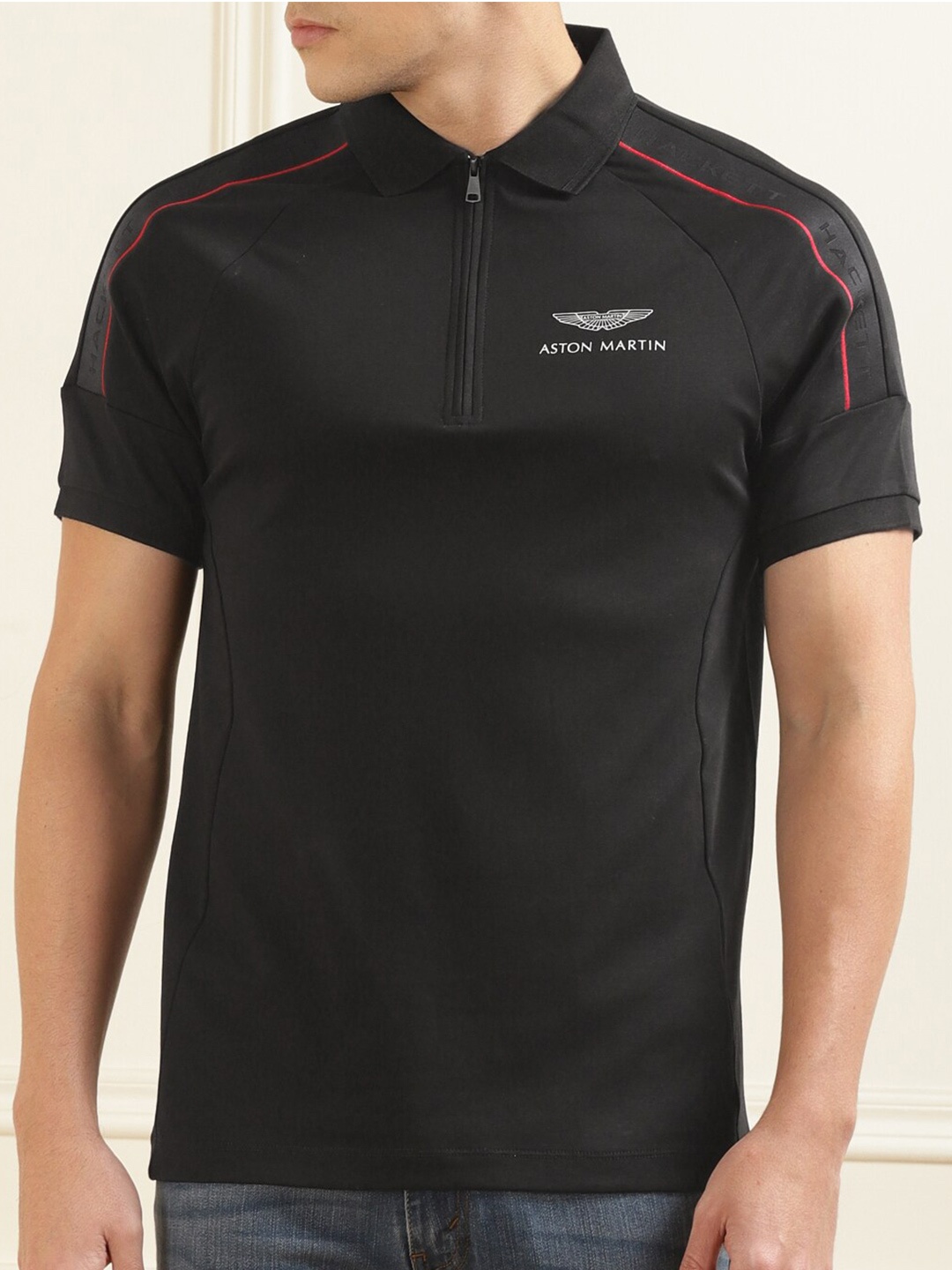 

HACKETT LONDON Polo Collar Raglan Sleeves Pure Cotton T-shirt, Black