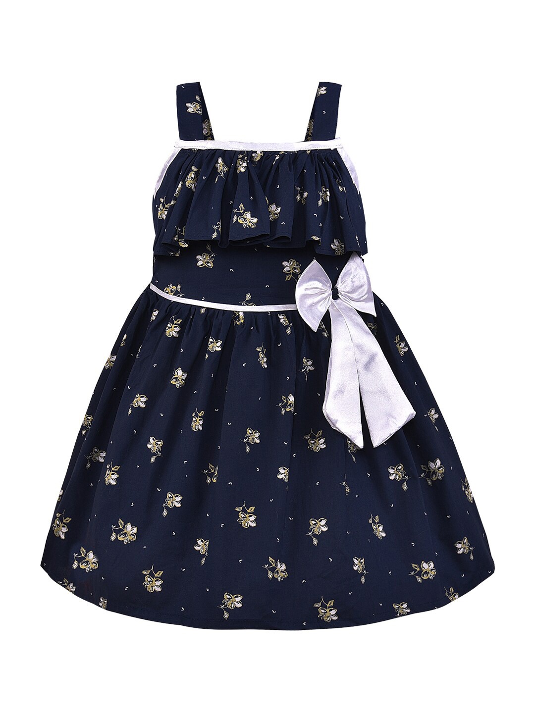 

Wish Karo Girls Floral Printed Shoulder Straps Fit & Flare Cotton Dress, Navy blue