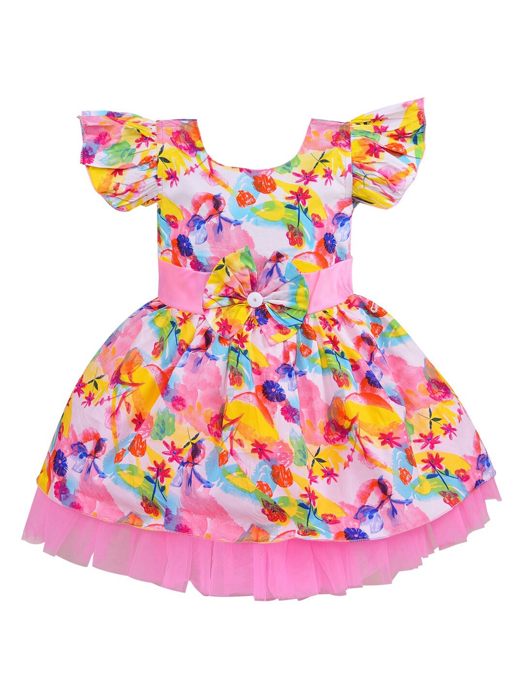 

Wish Karo Girls Floral Printed Flutter Sleeve Fit & Flare Cotton Dress, Pink