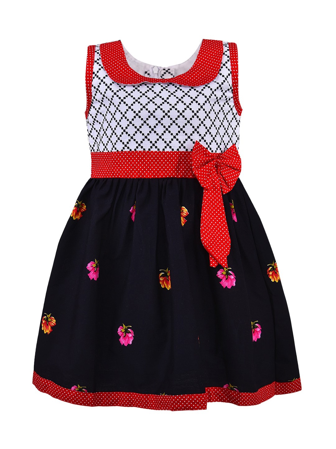 

Wish Karo Girls Floral Printed Peter Pan Collar Fit & Flare Cotton Dress, Black