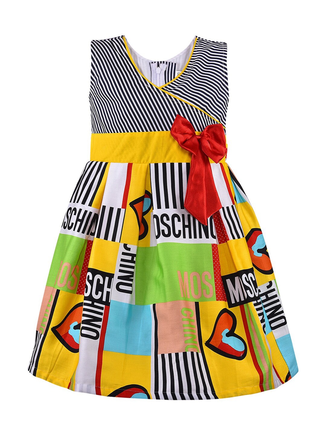 

Wish Karo Girls Conversational Printed V Neck Fit & Flare Cotton Dress, Yellow