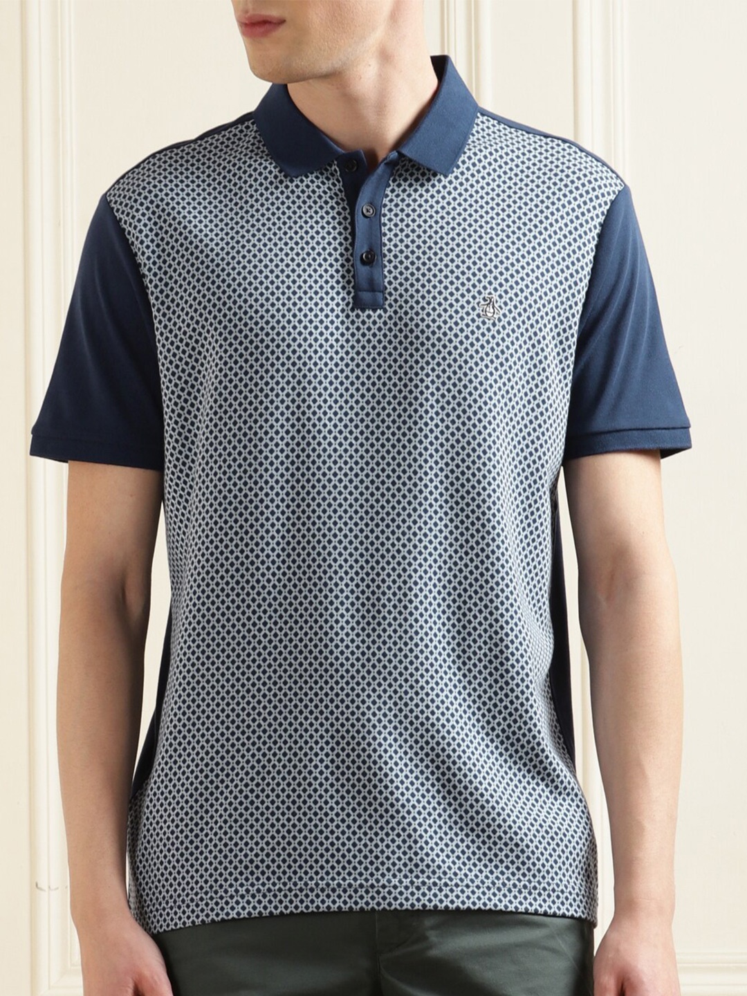

Original Penguin Geometric Printed Polo Collar Pure Cotton T-shirt, Navy blue