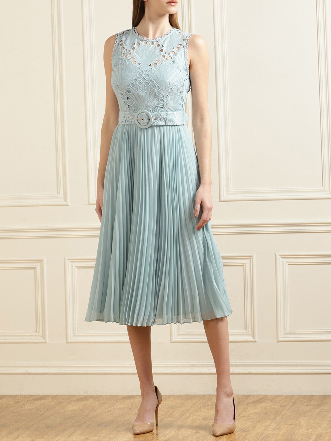

Phase Eight Round Neck Lace Self Design Fit And Flare Midi Dress With Belt, Blue