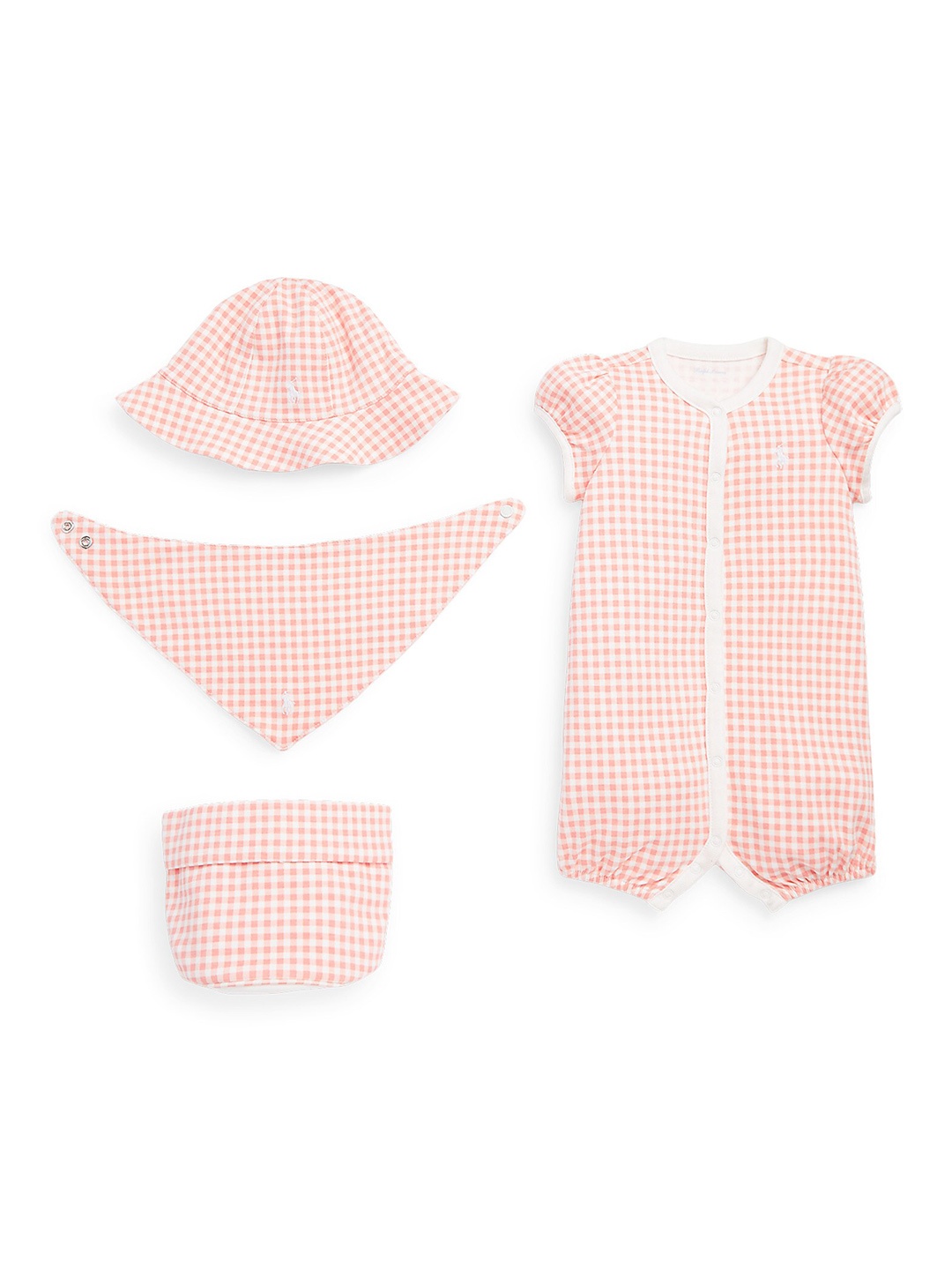 

Polo Ralph Lauren Infant Boys Checked Cotton Rompers With Cap & Bib Set, Pink