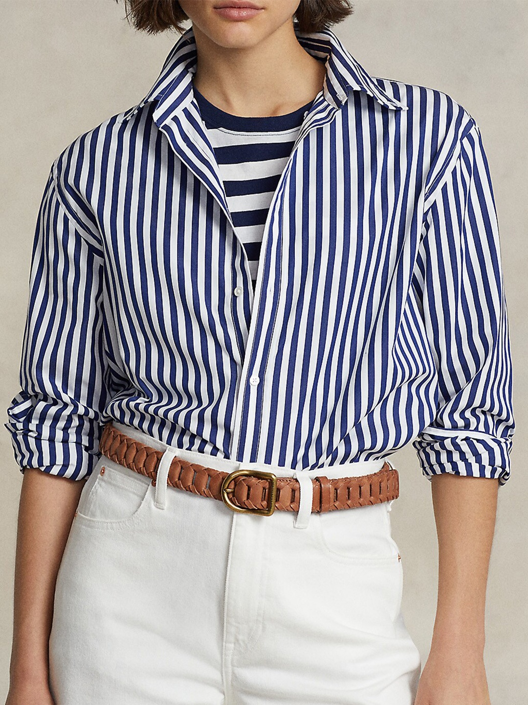 

Polo Ralph Lauren Vertical Striped Button Down Collar Pure Cotton Casual Shirt, Navy blue