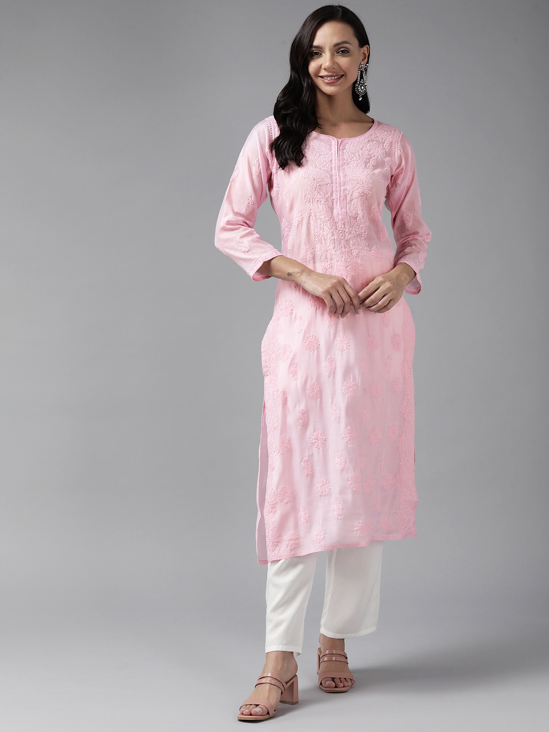 

ADA Floral Embroidered Chikankari Kurta, Pink