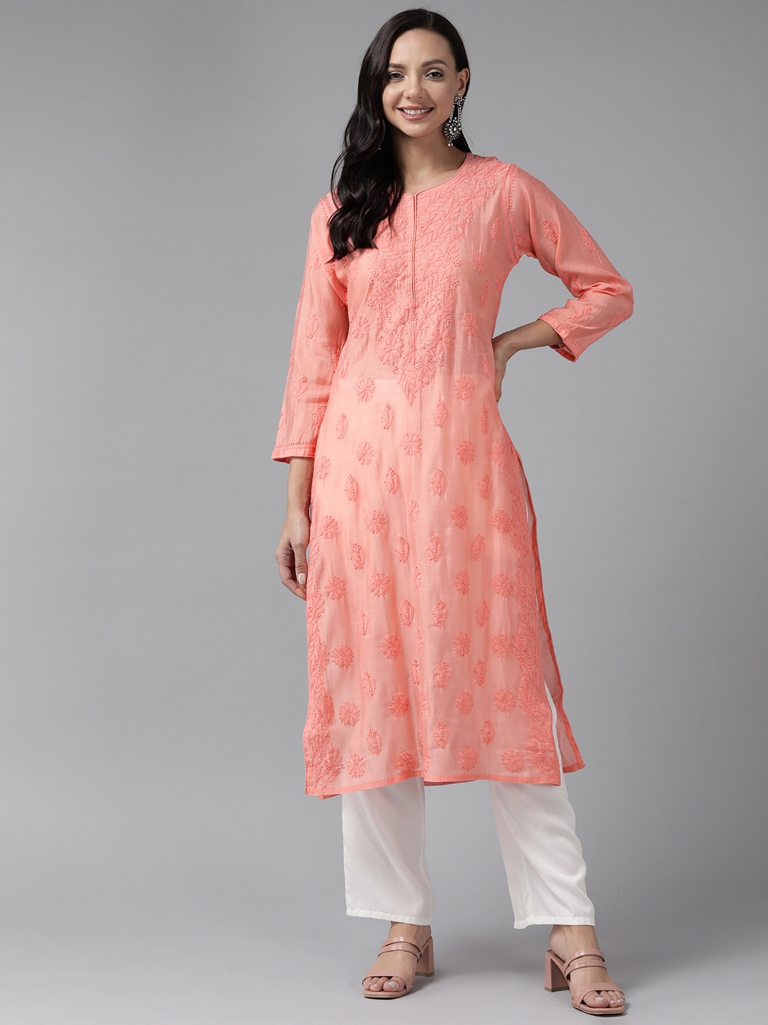 

ADA Floral Embroidered Chikankari Kurta, Peach