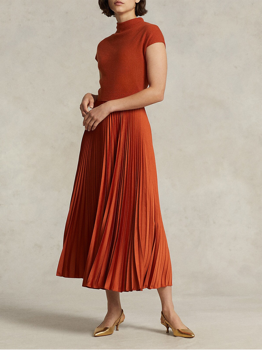 

Polo Ralph Lauren Hybrid Sweater-Pleated Mock Neck Dress, Brown