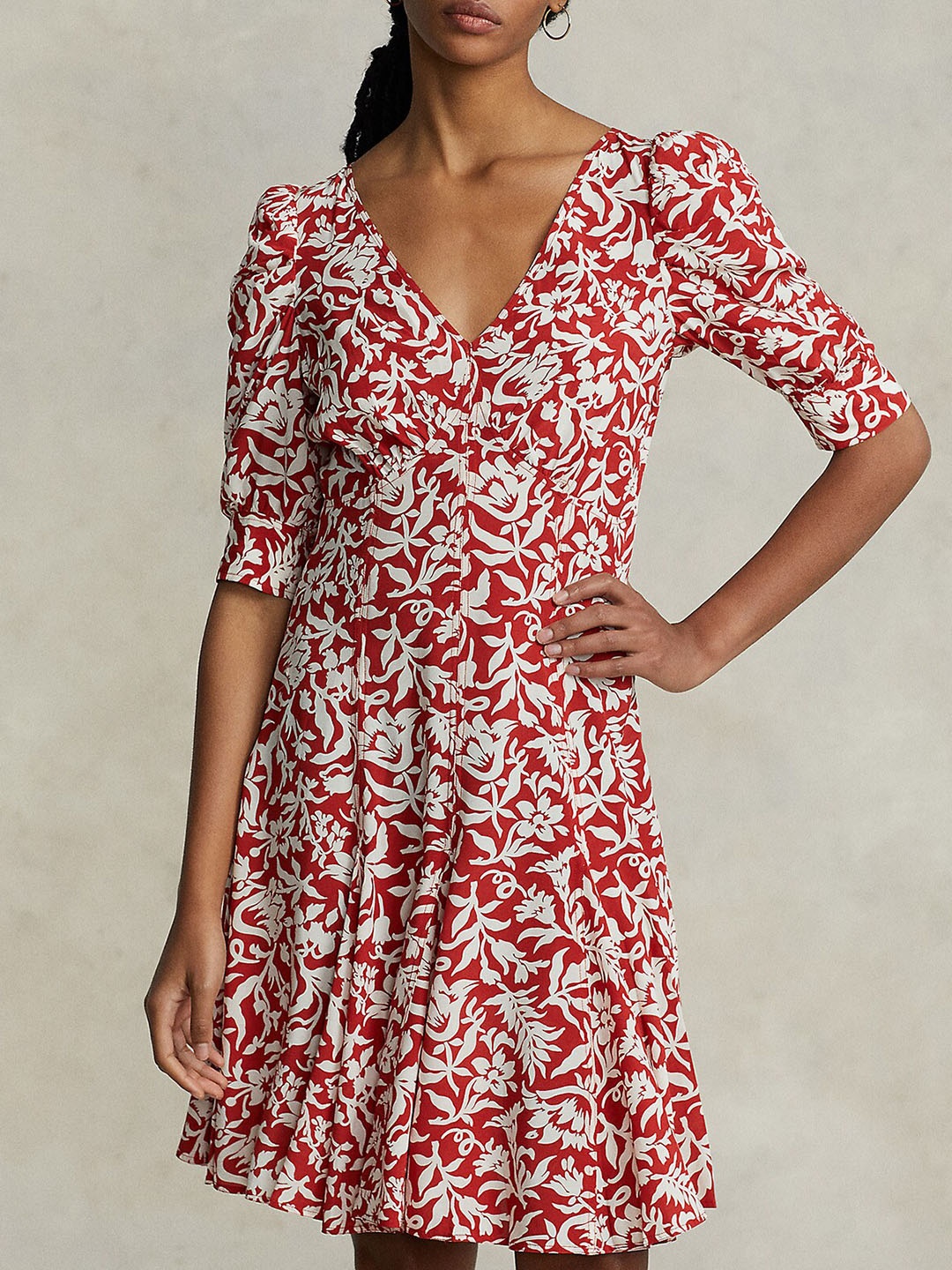 

Polo Ralph Lauren Puff Sleeves Floral Printed V-Neck Fit & Flare Cotton Dress, Red