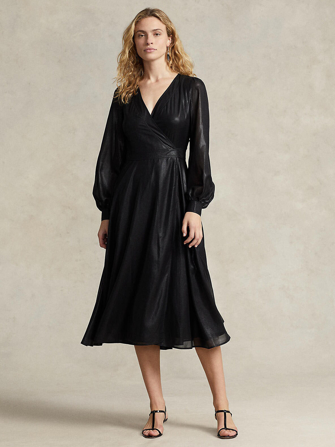 

Polo Ralph Lauren Cotton Lame Wrap Cocktail Midi Dress, Black