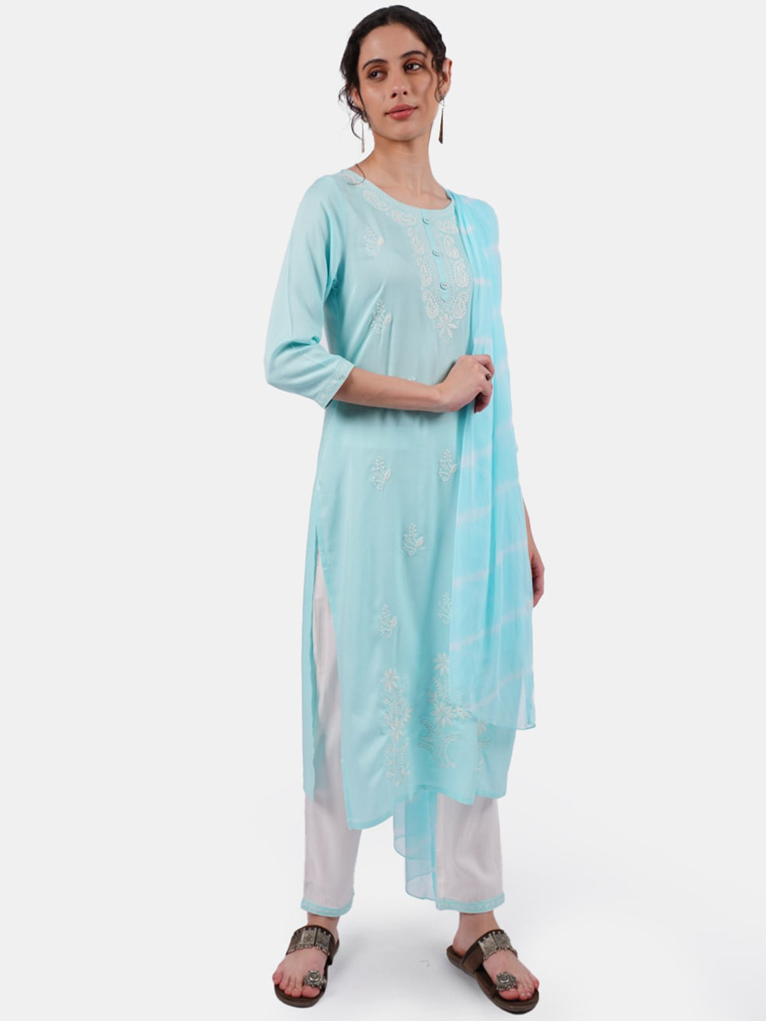 

Rmya Ethnic Motif Embroidered Thread Work Kurta With Trousers & Dupatta, Turquoise blue