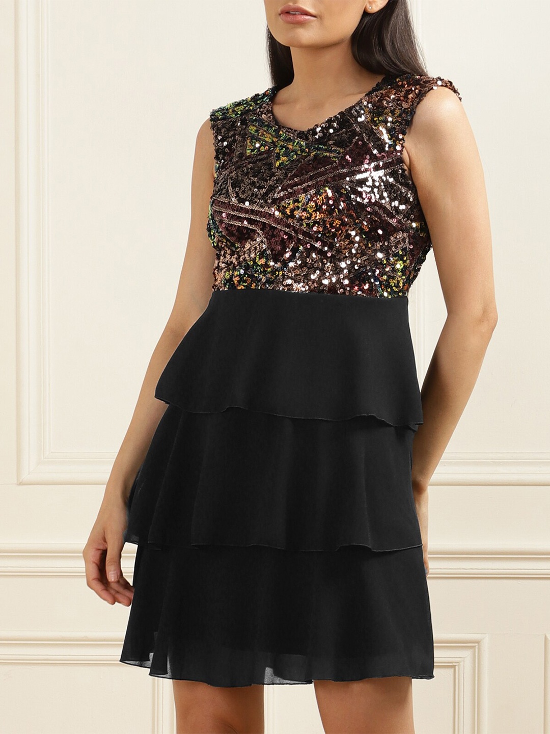 

Rinascimento Embellished Sequined Tiered Fit & Flare Dress, Black
