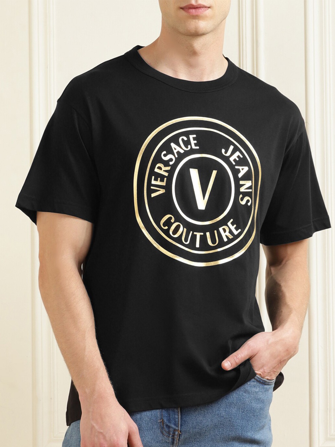 

Versace Jeans Couture Typography Round Neck High Fashion Pure Cotton T-shirt, Black