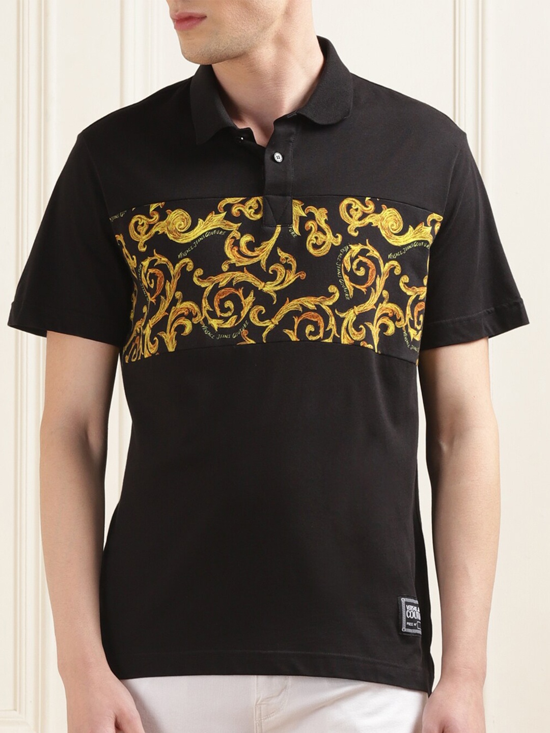 

Versace Jeans Couture Abstract High Fashion Polo Collar Cotton T-shirt, Black