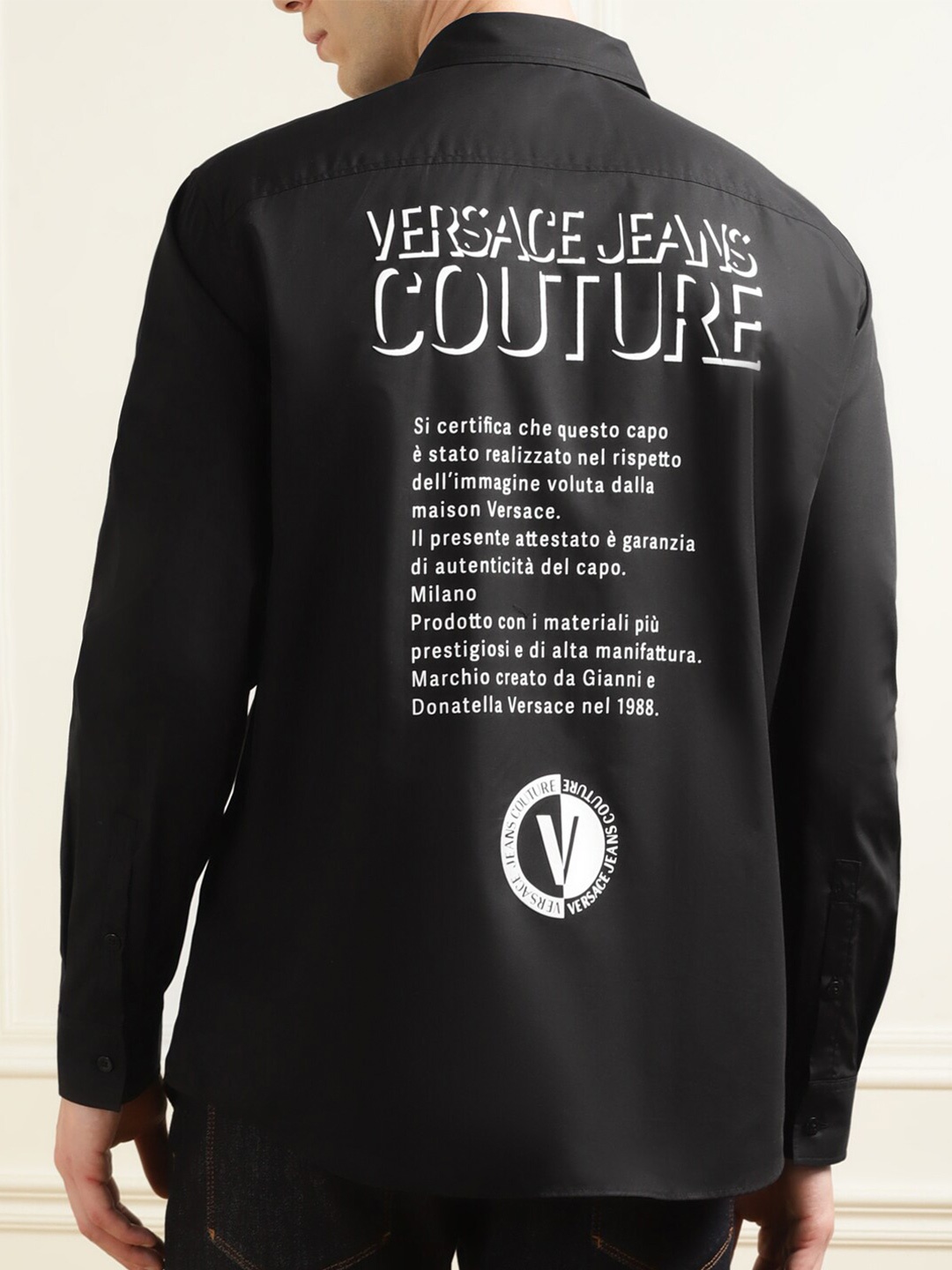 

Versace Jeans Couture Typography Printed Pure Cotton Casual Shirt, Black