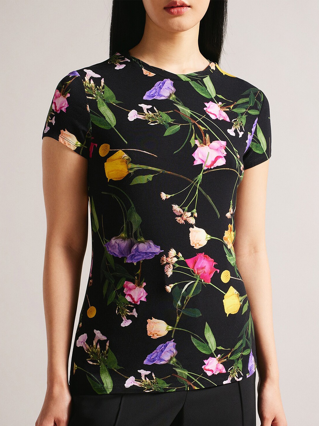 

Ted Baker Floral Printed Round Neck Cotton T-shirt, Black