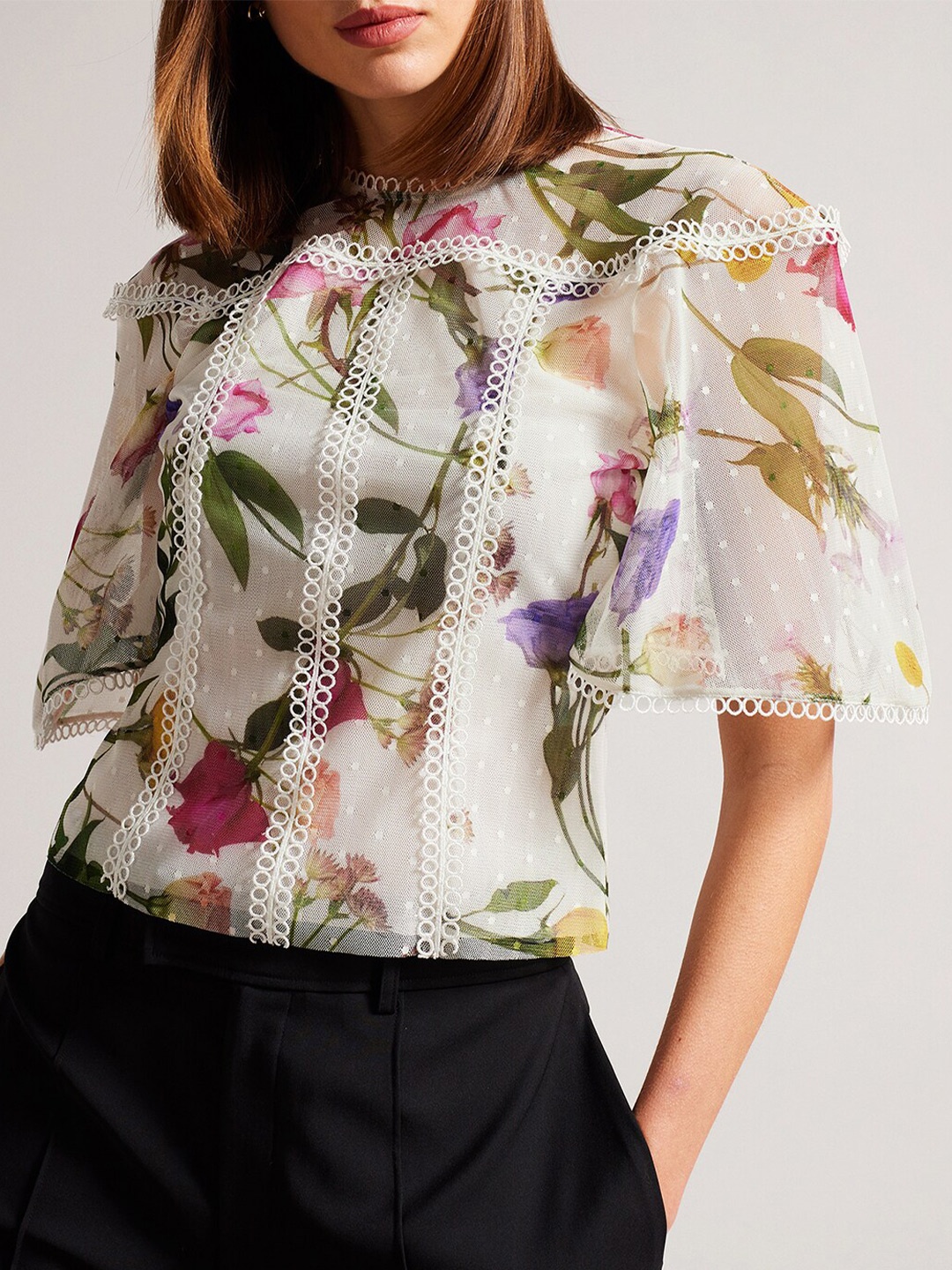 

Ted Baker Floral Print Round Neck Cotton Top, White