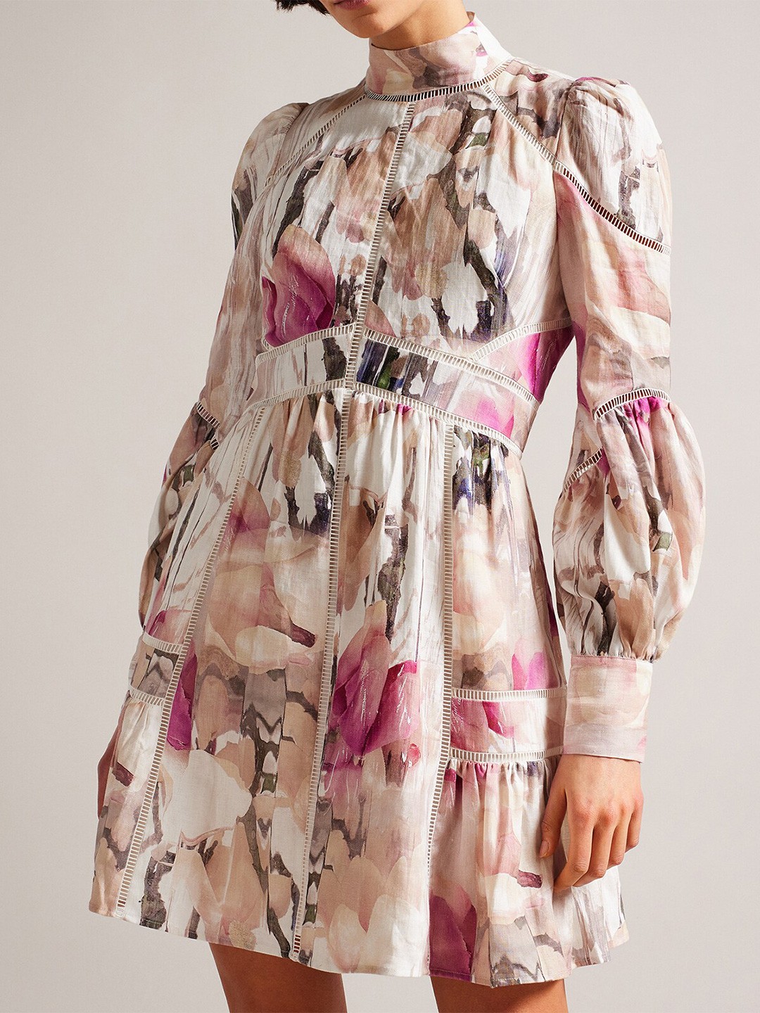 

Ted Baker Abstract Printed Cuffed Sleeves Cut-Out Detail Linen A-Line Dress, Cream