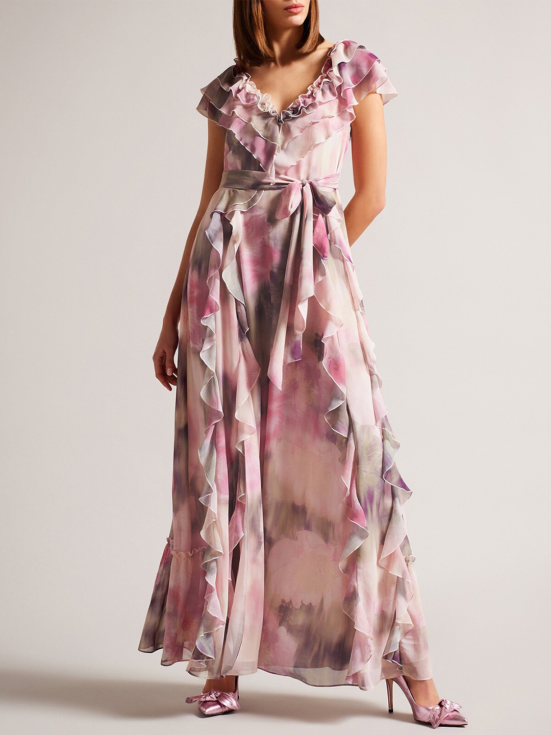 

Ted Baker Floral Printed Ruffled Belted V-Neck Cotton Maxi Dress, Pink