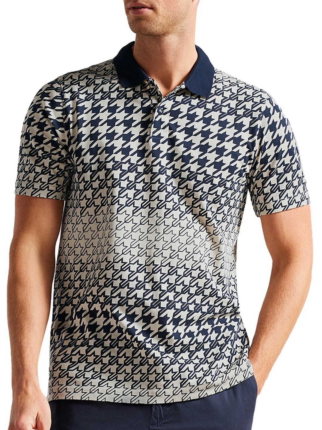 

Ted Baker Men Geometric Printed Polo Collar Pure Cotton T-shirt, Beige