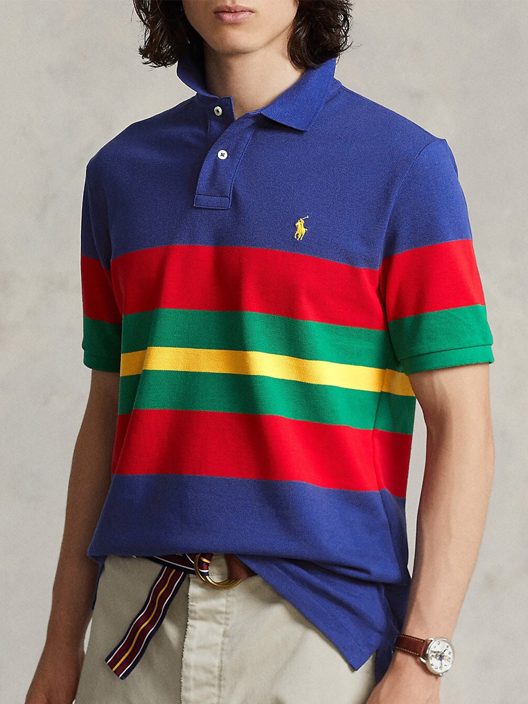 

Polo Ralph Lauren Striped Polo Collar Pure Cotton T-Shirt, Blue