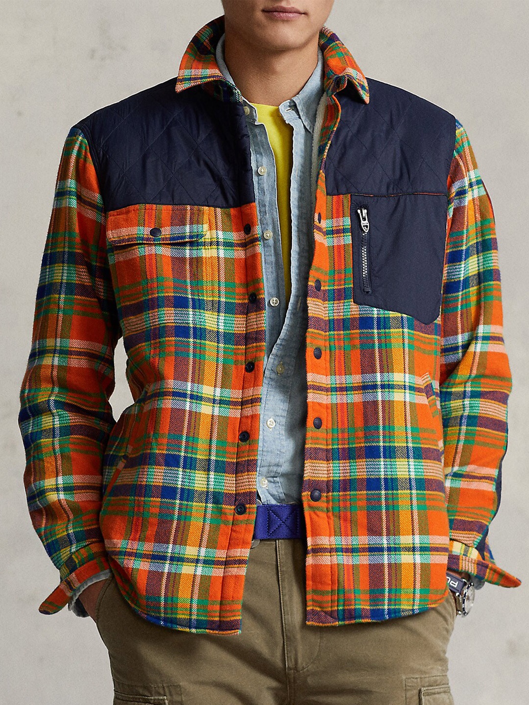 

Polo Ralph Lauren Tartan Checked And Quilted Cotton Overshirt With Pockets, Orange