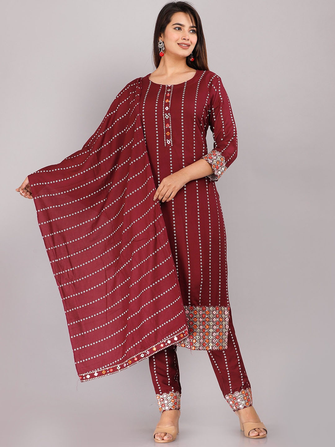 

KALINI Bandhani Printed Mirror Work Kurta with Trousers & Dupatta, Maroon