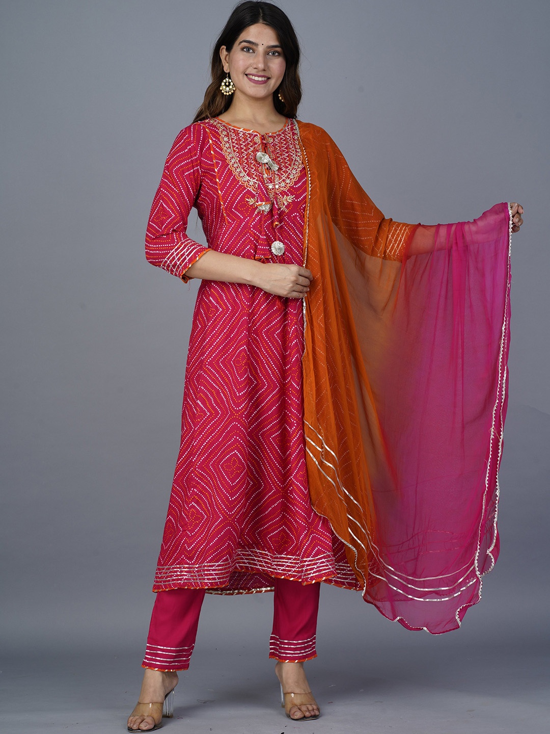 

KALINI Bandhani Printed Gotta Patti Kurta with Trousers & Dupatta, Red