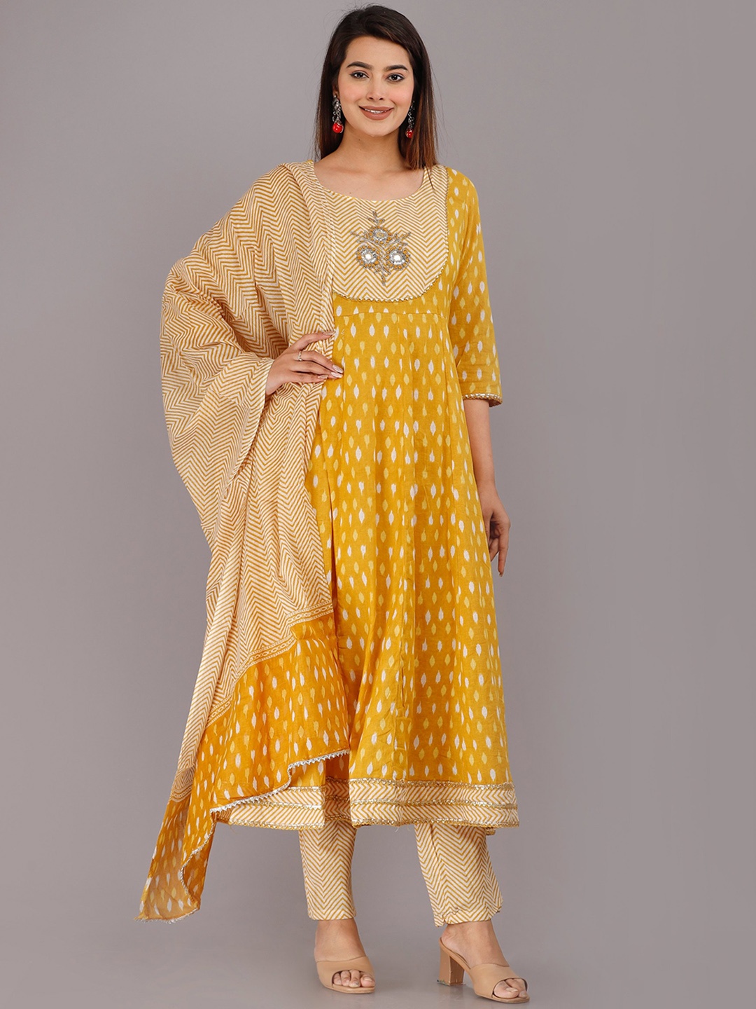 

KALINI Printed Mirror Work Pure Cotton Kurta With Trousers & Dupatta, Yellow