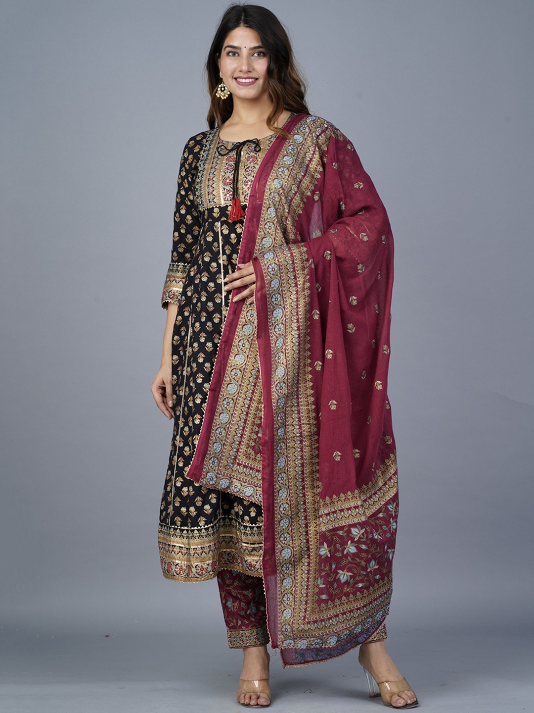 

KALINI Ethnic Motifs Printed Mirror Work Anarkali Kurta With Trousers & Dupatta, Black