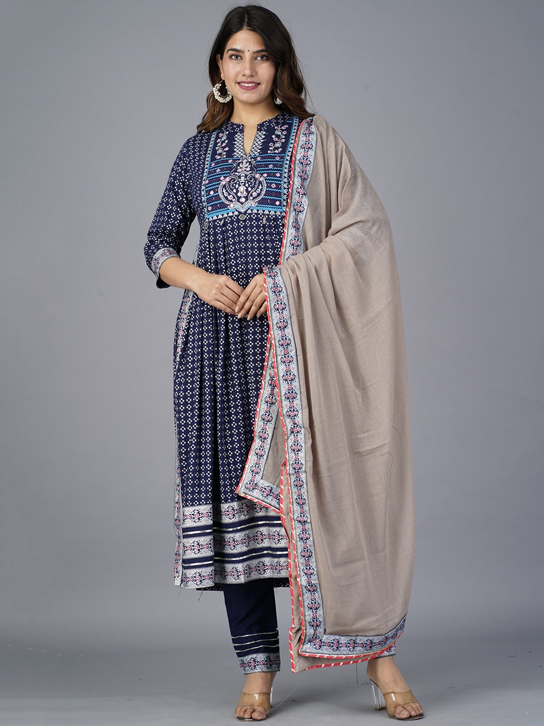 

KALINI Ethnic Motifs Printed Mirror Work Kurta with Trousers & Dupatta, Navy blue