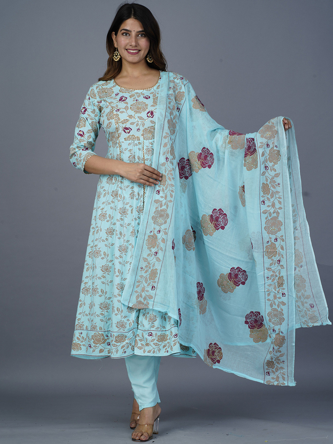 

KALINI Women Ethnic Motifs Printed Empire Kurta with Trousers & Dupatta, Turquoise blue