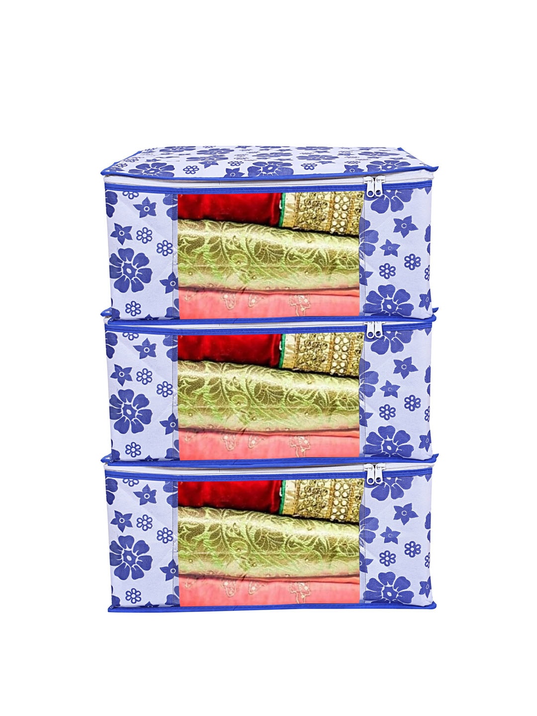 

Home Fresh Blue 3 Pieces Floral Printed Canvas Multi Utility Organisers