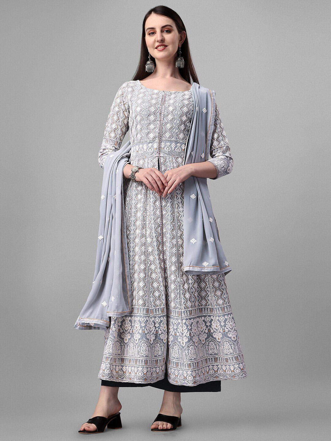 

JATRIQQ Embroidered Sequinned Silk Georgette Unstitched Dress Material, Grey