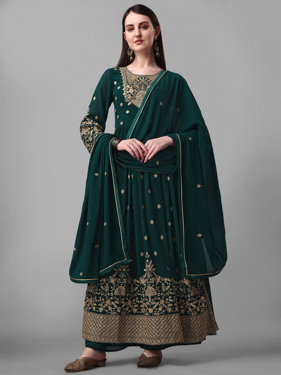 

JATRIQQ Embroidered Sequinned Silk Georgette Unstitched Dress Material, Green