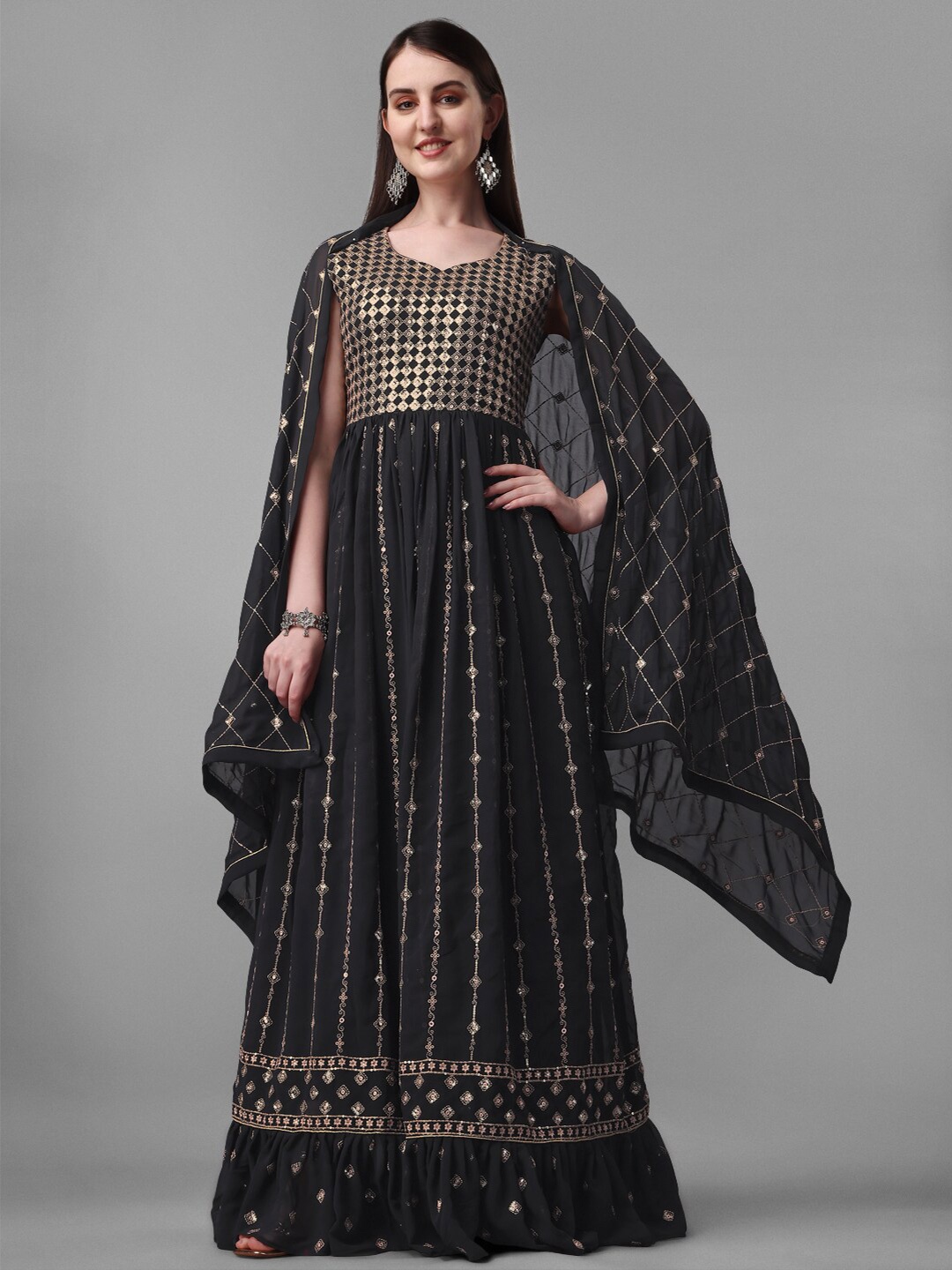 

JATRIQQ Embroidered Sequinned Silk Georgette Unstitched Dress Material, Black