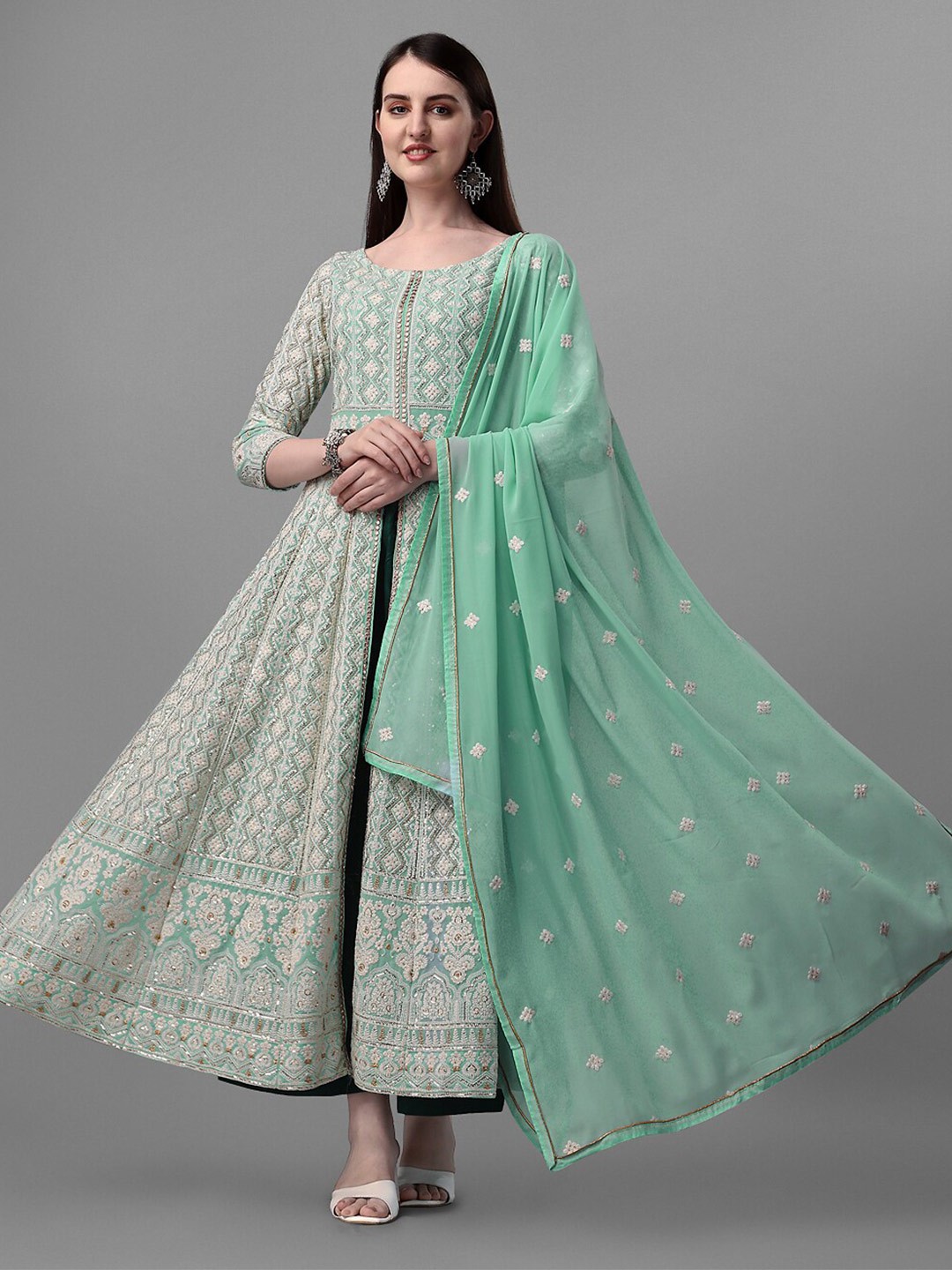 

JATRIQQ Embroidered Sequinned Silk Georgette Unstitched Dress Material, Sea green