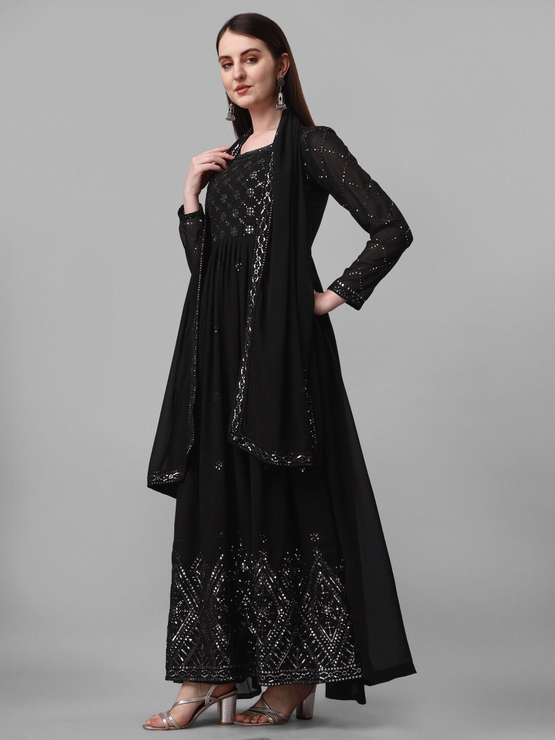 

JATRIQQ Embroidered Sequinned Silk Georgette Unstitched Dress Material, Black
