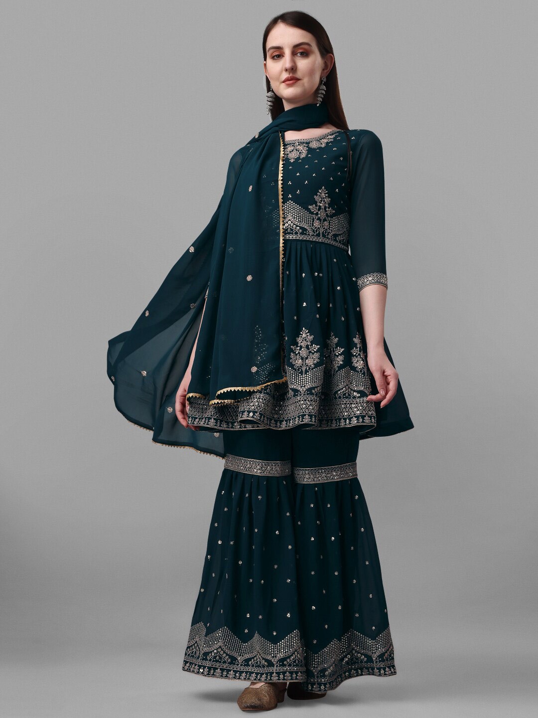 

JATRIQQ Embroidered Sequinned Silk Georgette Unstitched Dress Material, Teal