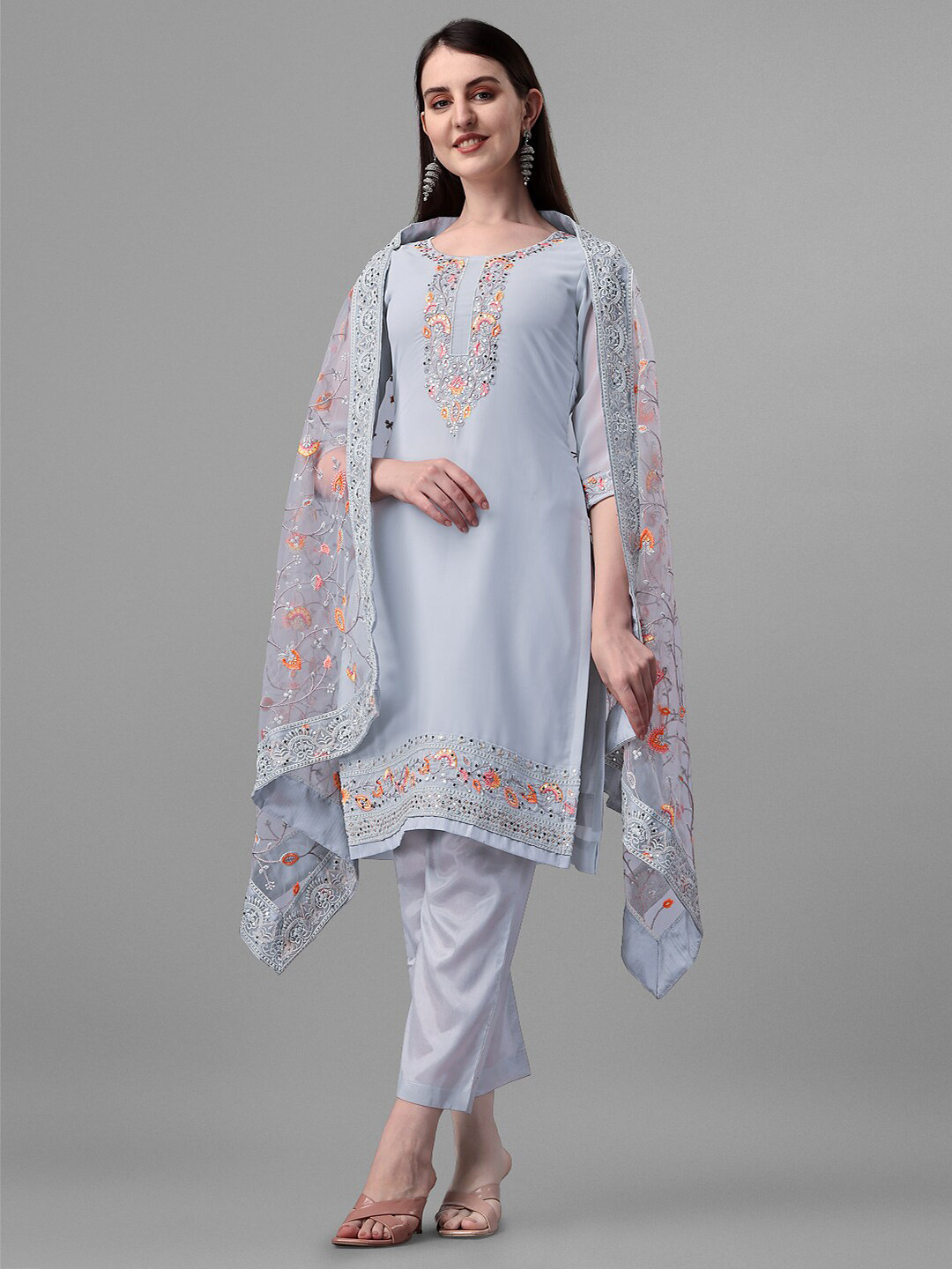 

JATRIQQ Embroidered Mirror Work Silk Georgette Unstitched Dress Material, Grey