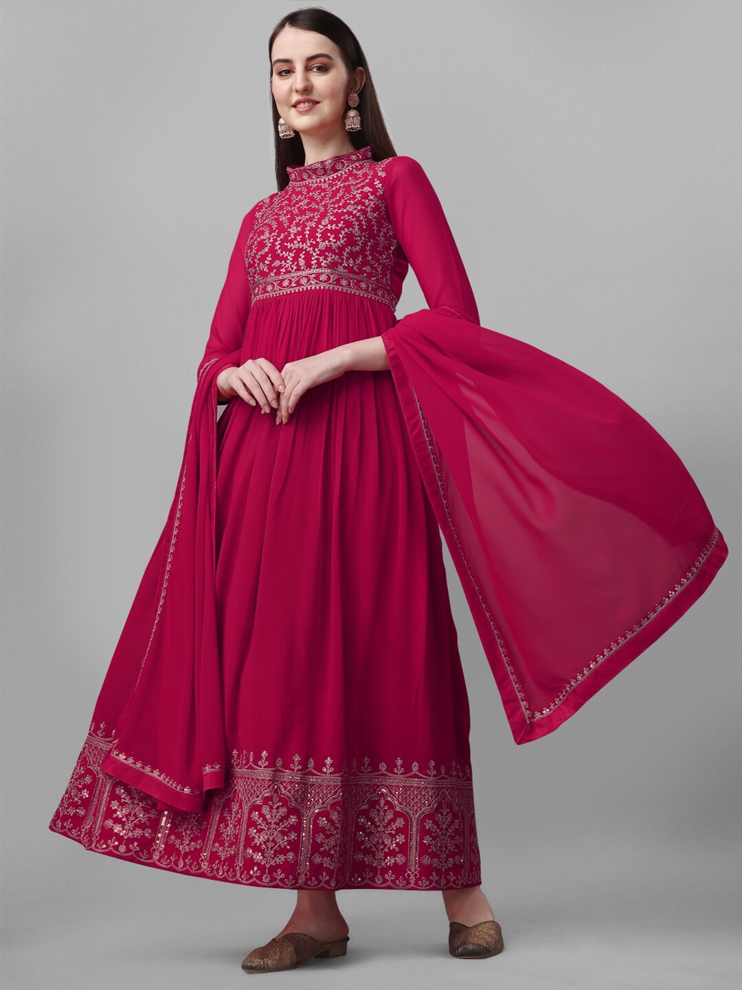 

JATRIQQ Embroidered Sequinned Silk Georgette Unstitched Dress Material, Pink