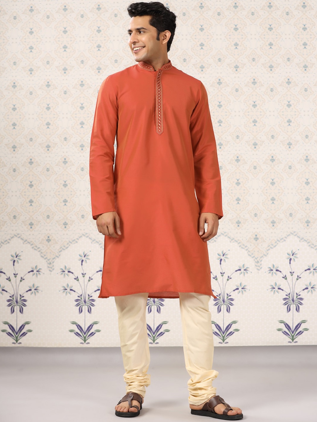 

Ode by House of Pataudi Mandarin Collar Straight Regular Kurta With Churidar, Rust
