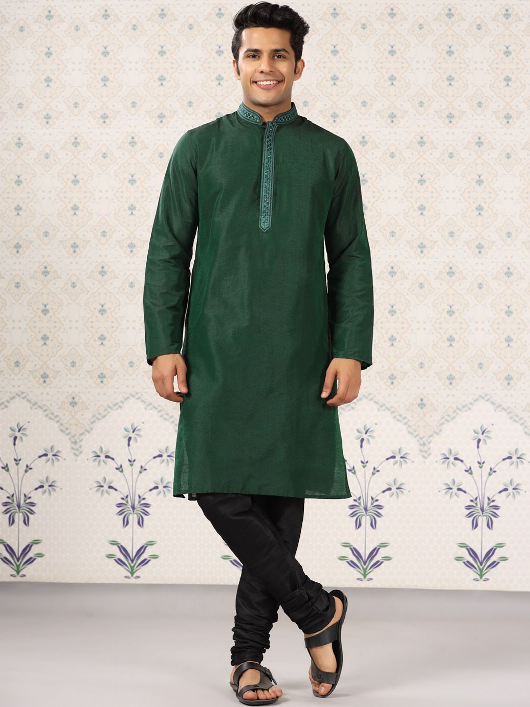 

Ode by House of Pataudi Mandarin Collar Regular Kurta With Churidar, Teal