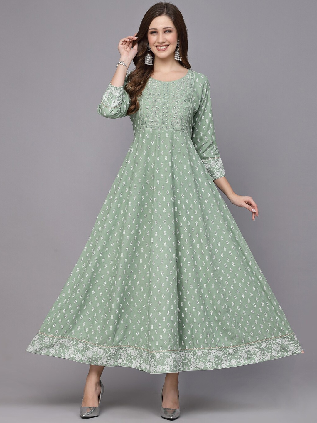 

Stylum Floral Printed Mirror Work Anarkali Kurta, Sea green