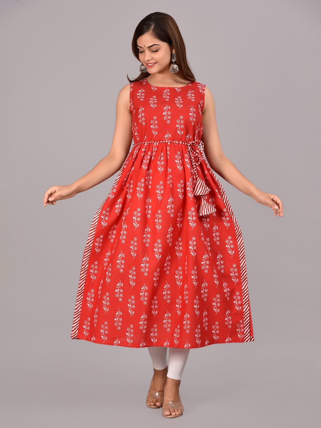 

SkyaSia Floral Printed Pure Cotton A-Line Kurta, Red