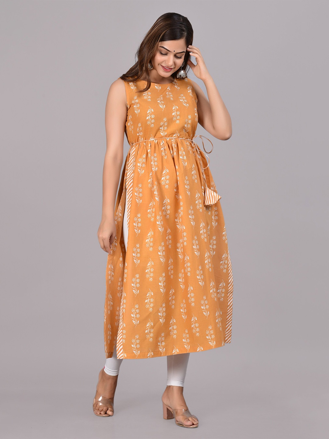 

SkyaSia Ethnic Motifs Printed Sleeveless Cotton Kurta, Mustard