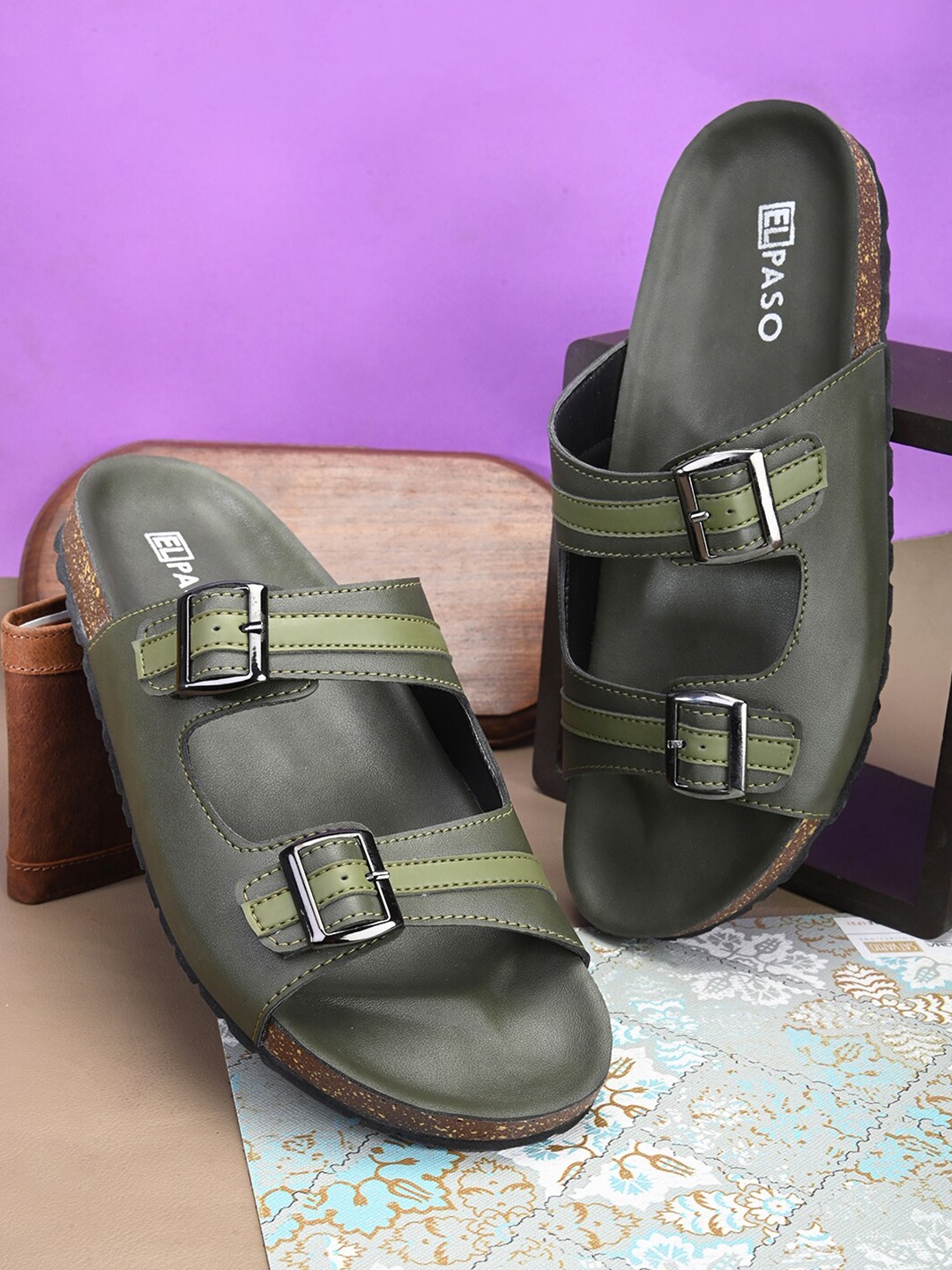 

El Paso Men Printed Comfort Sandals With Buckle Detail, Olive