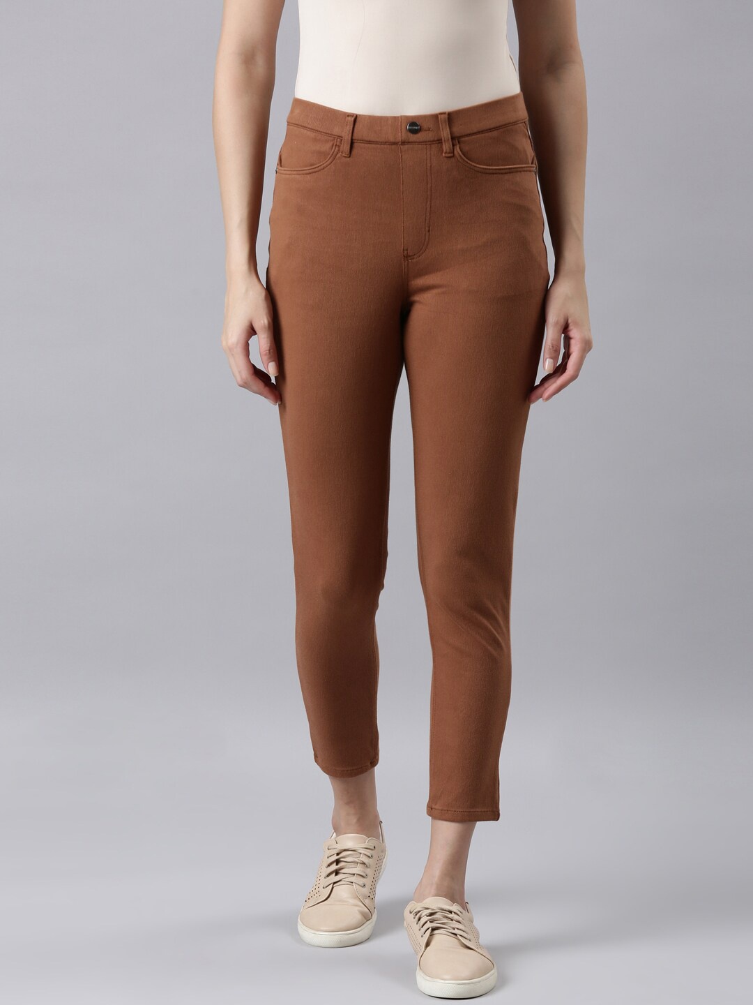 

Go Colors Women Mid Rise Cropped Jeggings, Brown