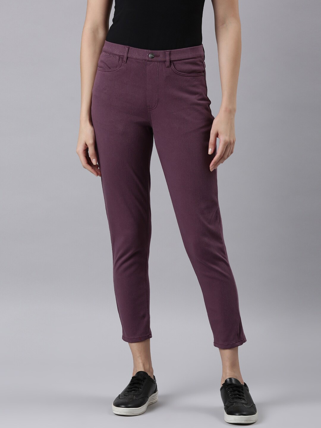 

Go Colors Women Mid Rise Woven Cotton Stretchable Slim Fit Jeggings, Purple